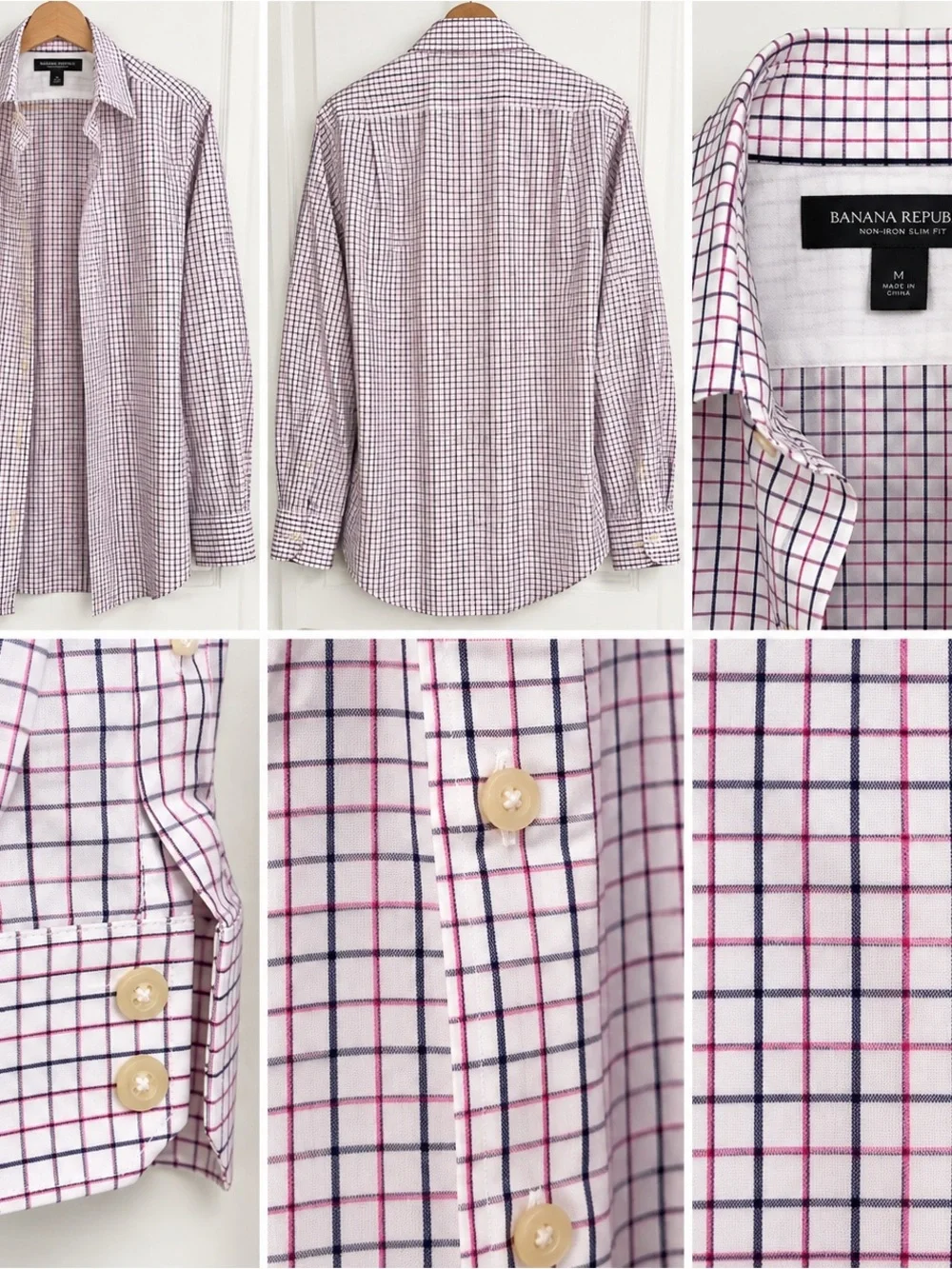 Banana Republic Slim Fit Checked Dress Shirt - White with Pink & Navy